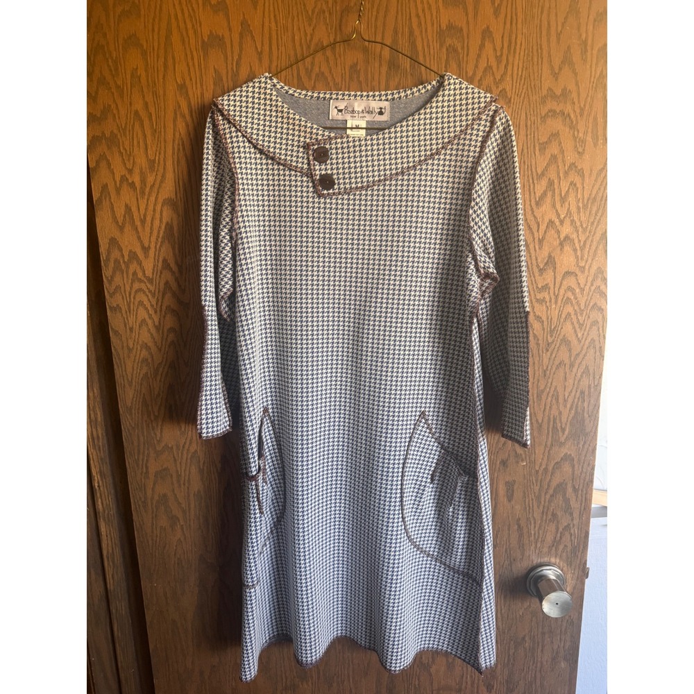 Beebop & Wally New York Houndstooth Tunic Dress Blue White Brown Stitching M